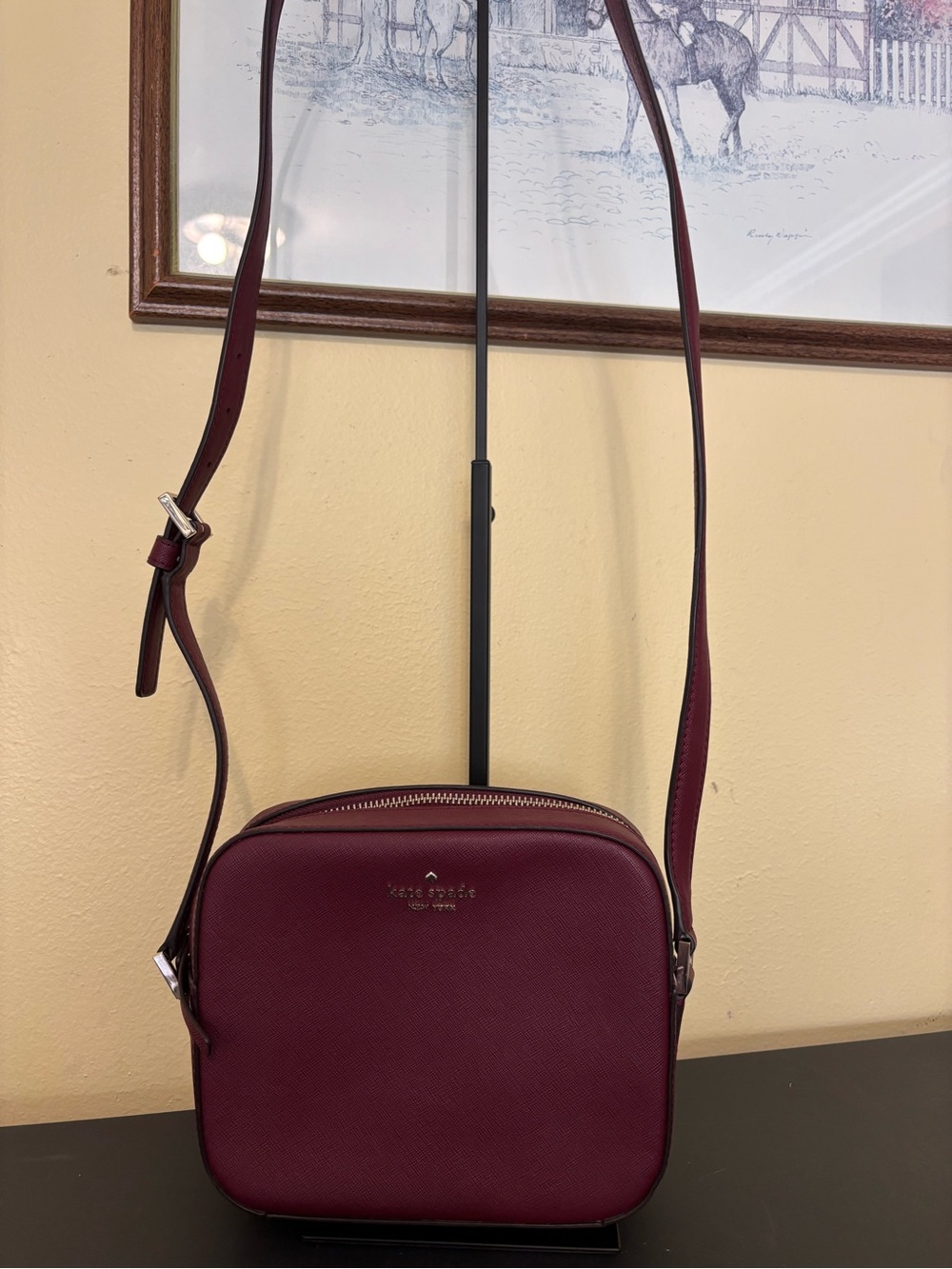 kate spade wine red Saffiano leather crossbody bag
